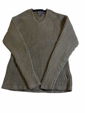 Nautica Men's Ribbed V-Neck Vintage 90s Styles Sweater in Grey